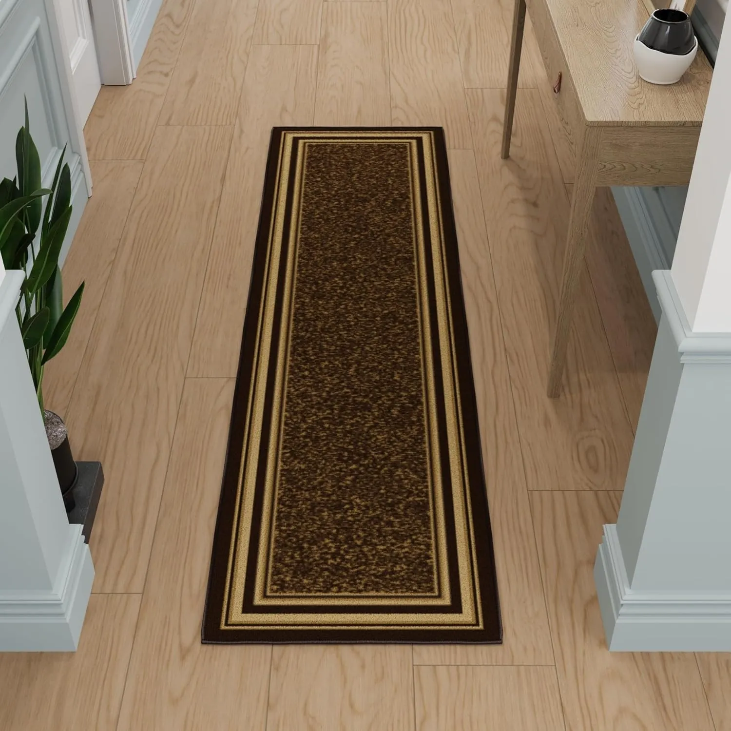 Machine Washable Bordered Design Non-Slip Rubberback 2x7 Traditional Runner Rug for Hallway, Kitchen, Bedroom, Living Room, 1'10" x 7', Brown