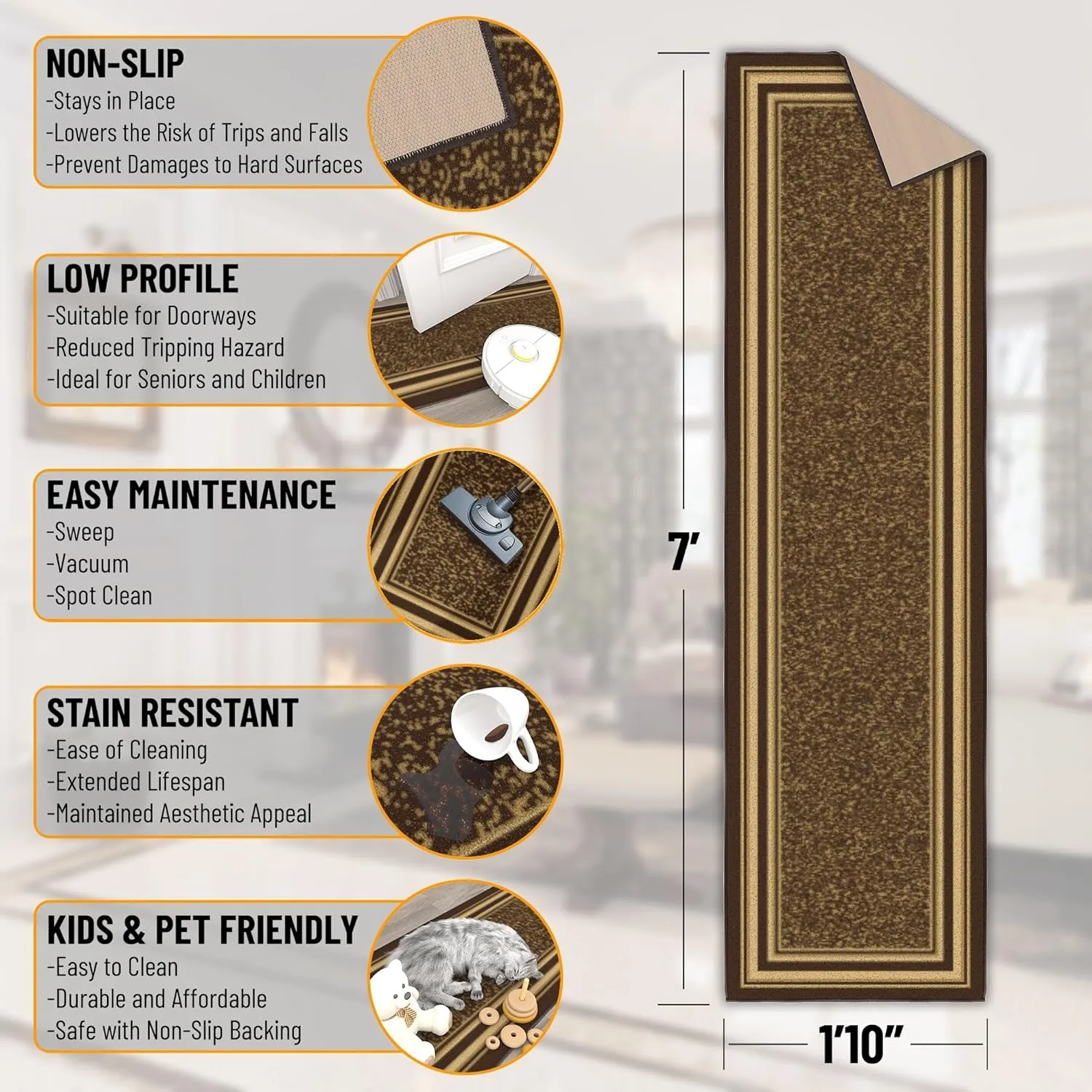 Machine Washable Bordered Design Non-Slip Rubberback 2x7 Traditional Runner Rug for Hallway, Kitchen, Bedroom, Living Room, 1'10" x 7', Brown