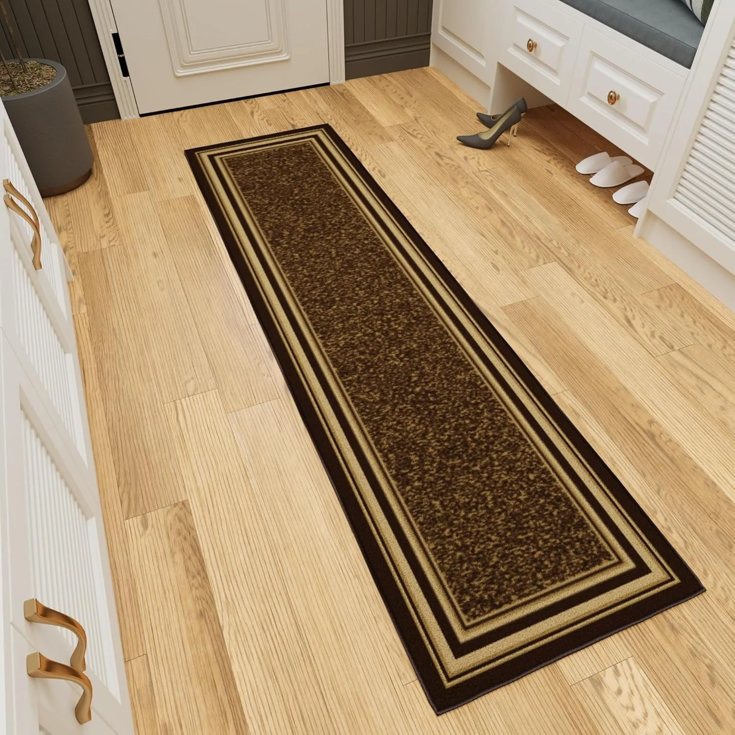 Machine Washable Bordered Design Non-Slip Rubberback 2x7 Traditional Runner Rug for Hallway, Kitchen, Bedroom, Living Room, 1'10" x 7', Brown