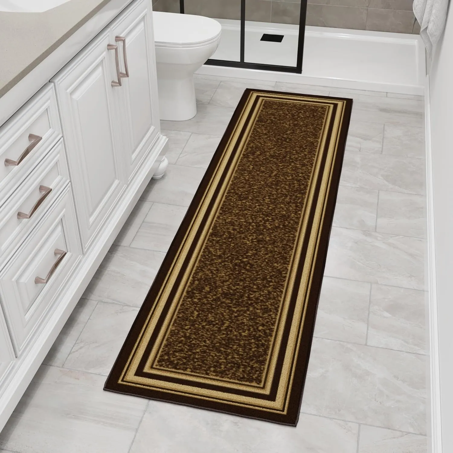 Machine Washable Bordered Design Non-Slip Rubberback 2x7 Traditional Runner Rug for Hallway, Kitchen, Bedroom, Living Room, 1'10" x 7', Brown
