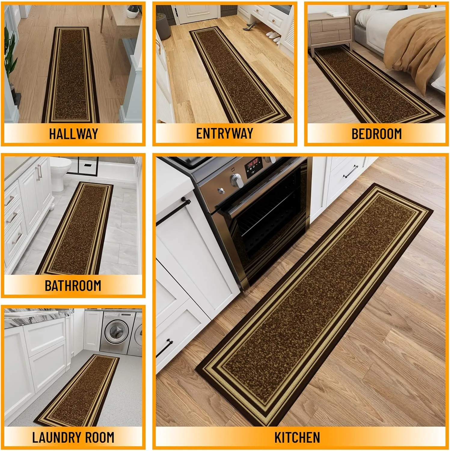 Machine Washable Bordered Design Non-Slip Rubberback 2x7 Traditional Runner Rug for Hallway, Kitchen, Bedroom, Living Room, 1'10" x 7', Brown