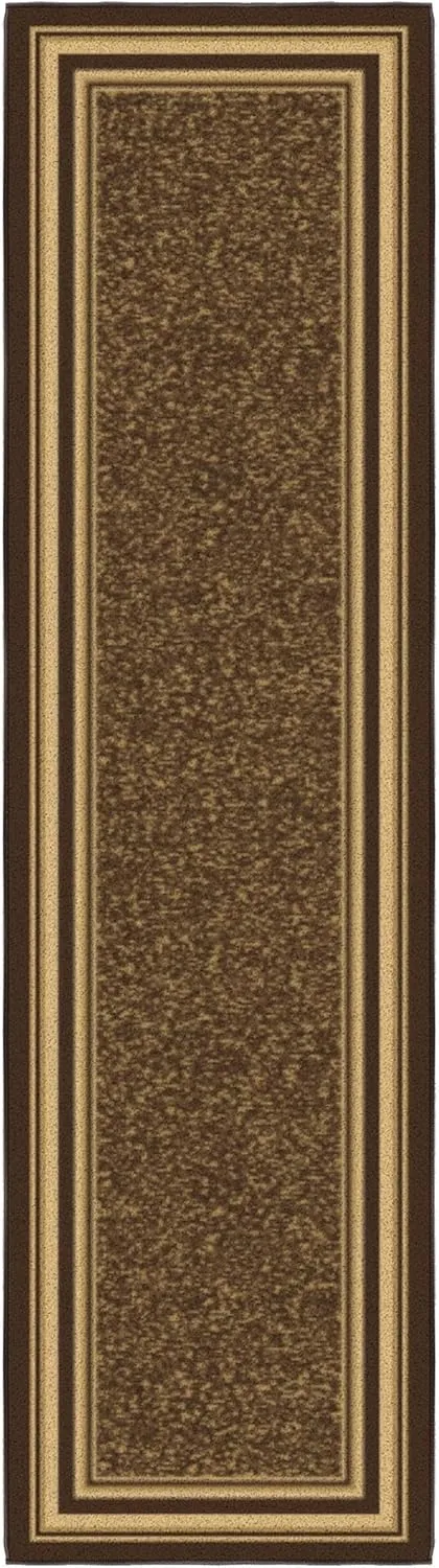 Machine Washable Bordered Design Non-Slip Rubberback 2x7 Traditional Runner Rug for Hallway, Kitchen, Bedroom, Living Room, 1'10" x 7', Brown