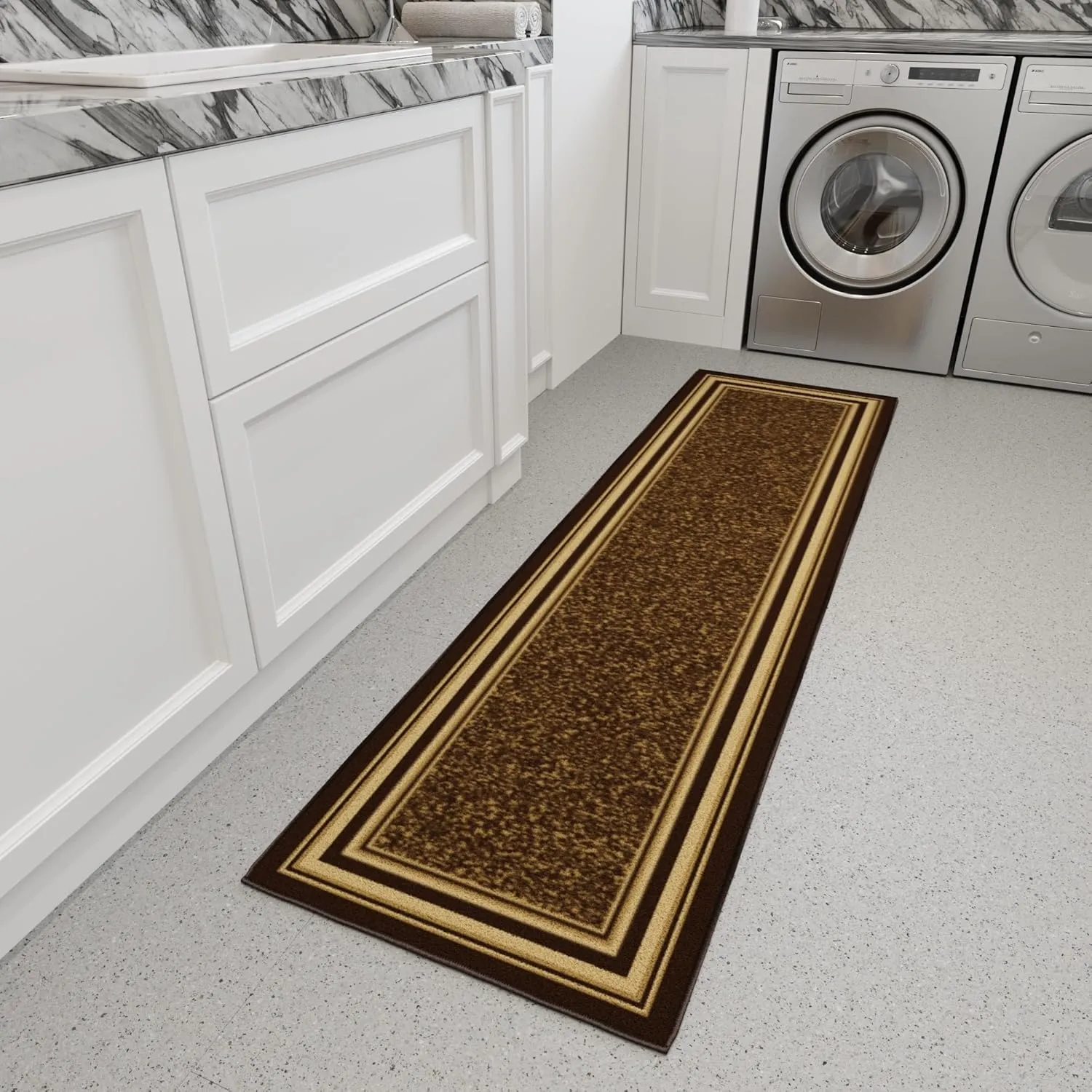 Machine Washable Bordered Design Non-Slip Rubberback 2x7 Traditional Runner Rug for Hallway, Kitchen, Bedroom, Living Room, 1'10" x 7', Brown
