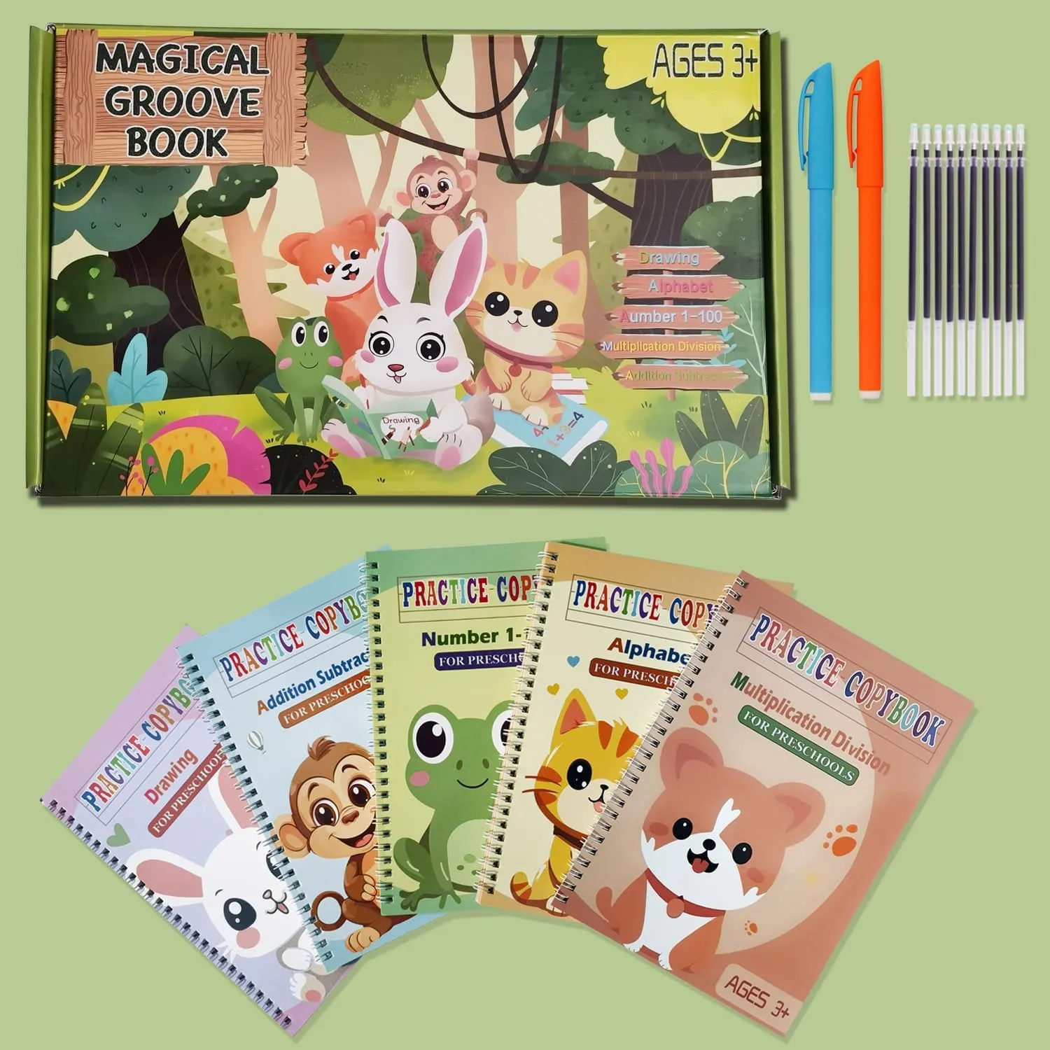 Magic Grooved Practice Copybook 5 Pack with Pens, Groove Reusable Magical Handwriting Workbooks, Tracing Letters Numbers, Math, Kindergarten Sight Words for Kids Ages 3-8 for Preschool(5books Pens）
