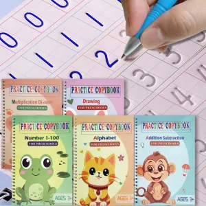 Magic Grooved Practice Copybook 5 Pack with Pens, Groove Reusable Magical Handwriting Workbooks, Tracing Letters Numbers, Math, Kindergarten Sight Words for Kids Ages 3-8 for Preschool(5books Pens）