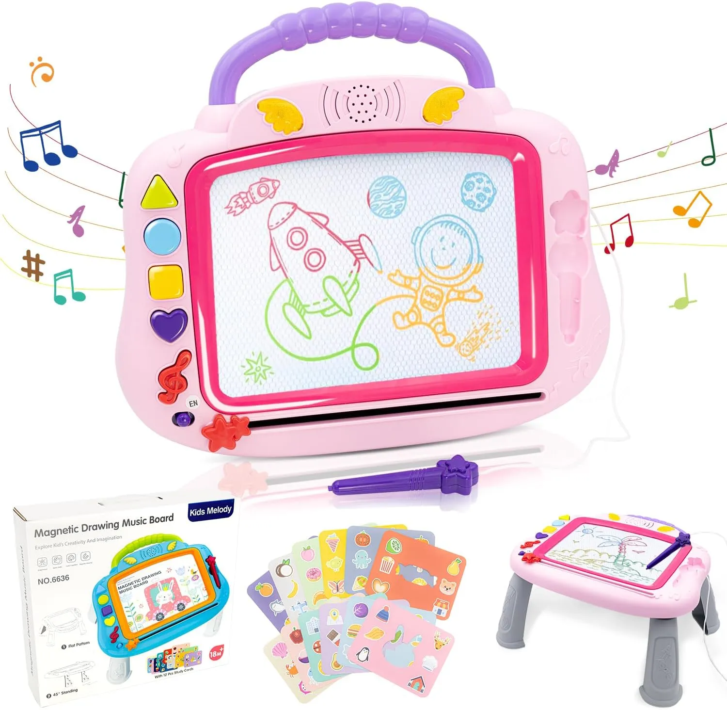 Magnetic Drawing Board, 3IN1 Light Up Musical Doodle Board for Toddler Age 1-2, Educational Learning Toys with 12 Drawing Cards for Kids 2 3 4 5 Girl Boys Birthday (Pink)