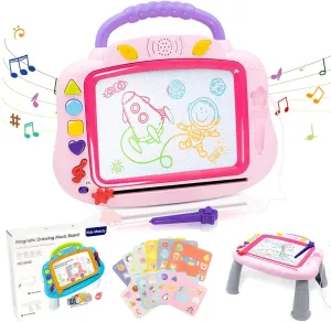 Magnetic Drawing Board, 3IN1 Light Up Musical Doodle Board for Toddler Age 1-2, Educational Learning Toys with 12 Drawing Cards for Kids 2 3 4 5 Girl Boys Birthday (Pink)