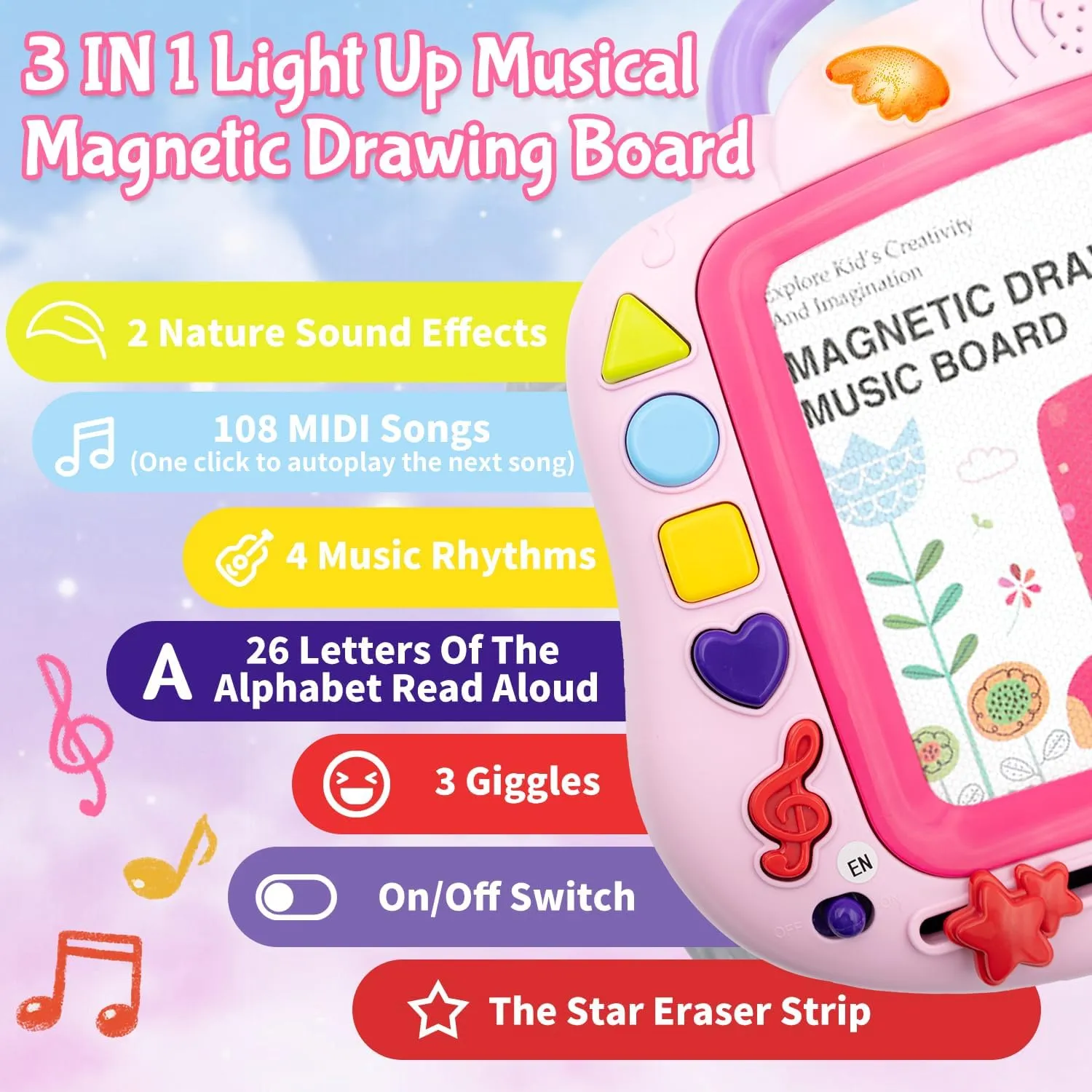 Magnetic Drawing Board, 3IN1 Light Up Musical Doodle Board for Toddler Age 1-2, Educational Learning Toys with 12 Drawing Cards for Kids 2 3 4 5 Girl Boys Birthday (Pink)