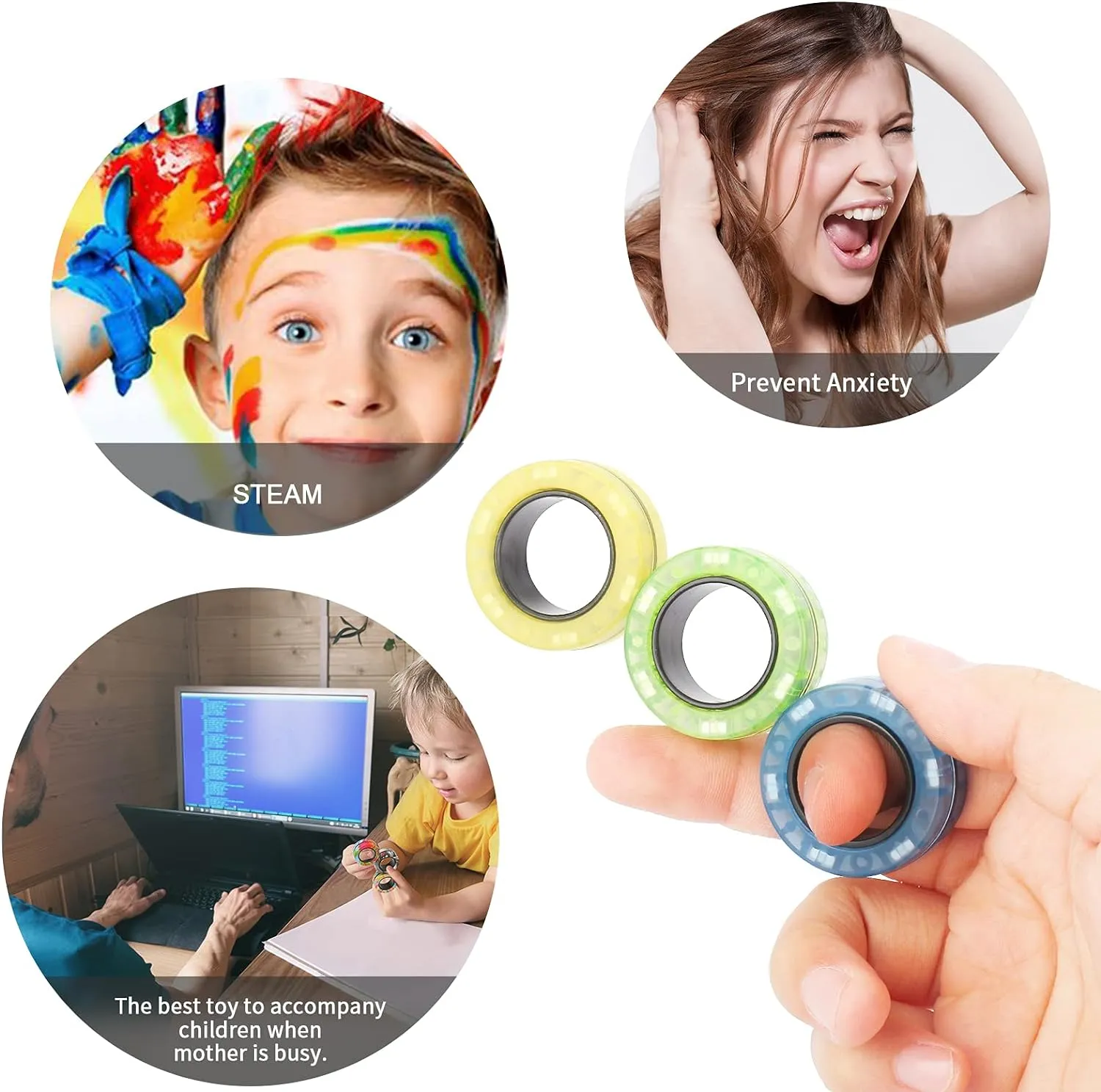 Magnetic Rings Fidget Toy Set, Idea ADHD Fidget Rings for Anxiety Relief Therapy, Great Gift for Adults, Teens, Kids (B-1)