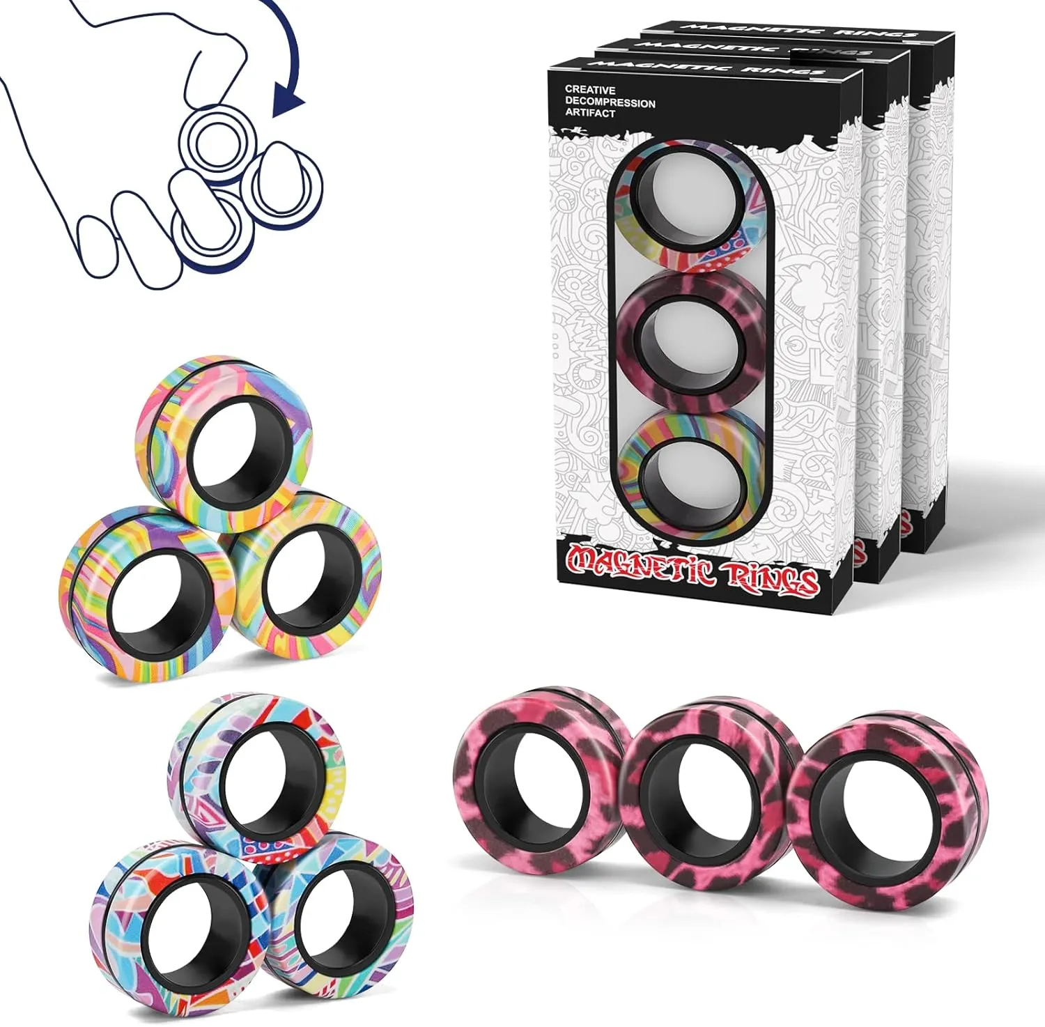 Magnetic Rings Fidget Toy Set, Idea ADHD Fidget Rings for Anxiety Relief Therapy, Great Gift for Adults, Teens, Kids (B-1)