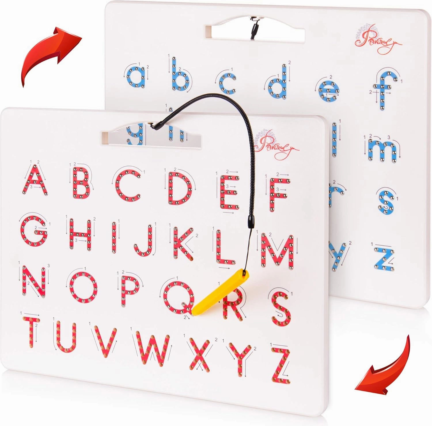 Magnetic Alphabet Tracing Board - double-sided upper & lower case Magnetic Drawing Board, ABC magnets for learn to write with magnetic pen, STEM toy letters learning, good for homeschooling