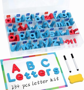 Magnetic Letters Kit, A-Z Foam Magnetic Letters, Alphabet Letters with Large Double-Side Magnet Board and Learning Cards, Educational Refrigerator Magnets for Preschool Learning Spelling (Blue/Red)