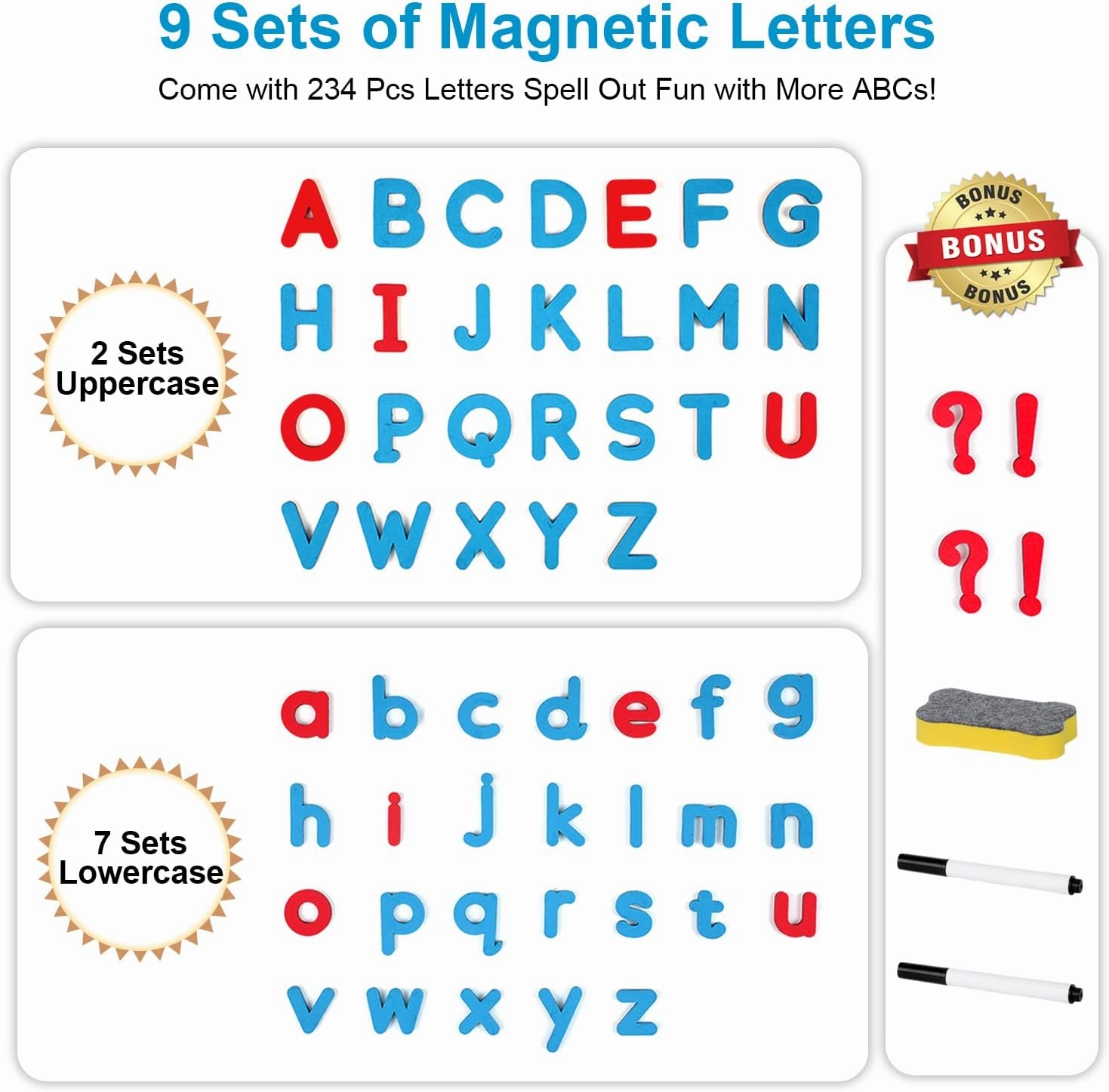 Magnetic Letters Kit, A-Z Foam Magnetic Letters, Alphabet Letters with Large Double-Side Magnet Board and Learning Cards, Educational Refrigerator Magnets for Preschool Learning Spelling (Blue/Red)