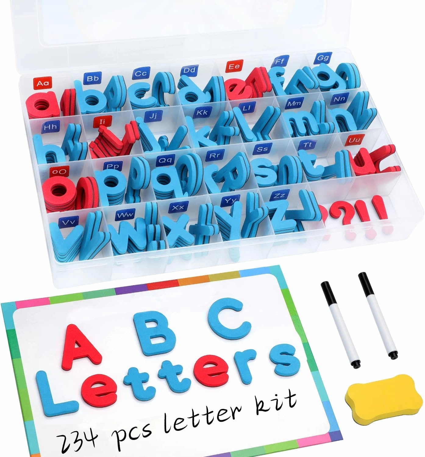 Magnetic Letters Kit, A-Z Foam Magnetic Letters, Alphabet Letters with Large Double-Side Magnet Board and Learning Cards, Educational Refrigerator Magnets for Preschool Learning Spelling (Blue/Red)