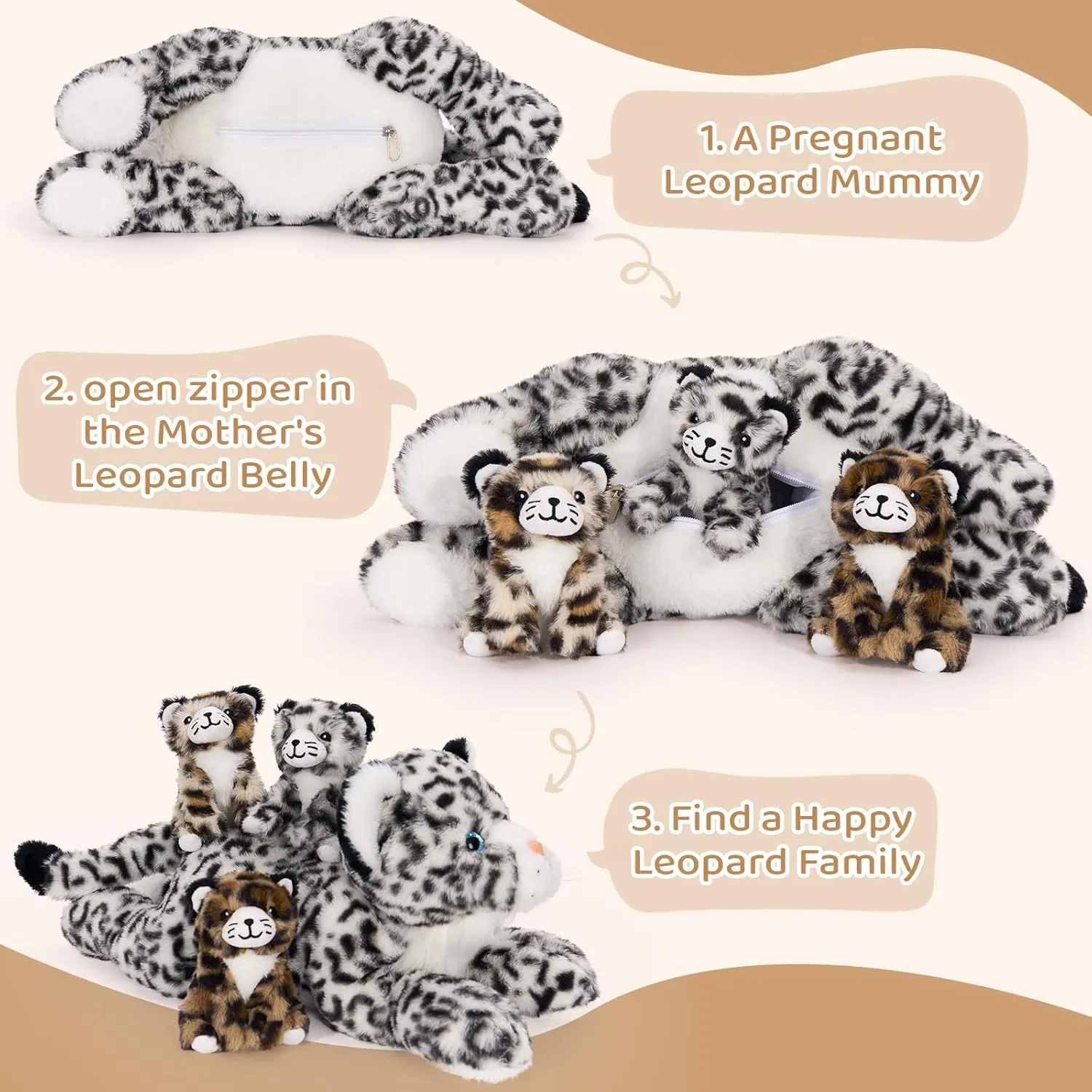 MaoGoLan Snow Leopard Stuffed Animals with Babies,4 Pcs Leopard Plushies for Girls,Mama and Baby Cheetah Stuffed Animal,Cheetah Plushies with 3 Cubs for Kids,Christmas Birthday Gift
