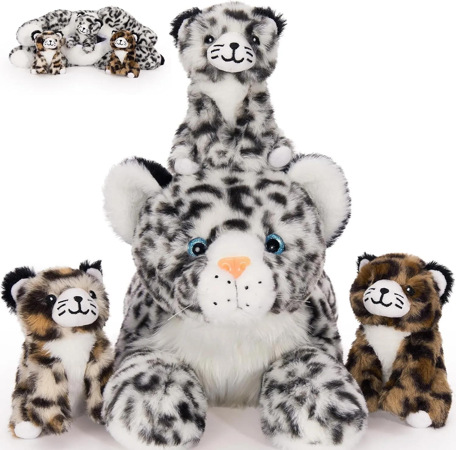 MaoGoLan Snow Leopard Stuffed Animals with Babies,4 Pcs Leopard Plushies for Girls,Mama and Baby Cheetah Stuffed Animal,Cheetah Plushies with 3 Cubs for Kids,Christmas Birthday Gift