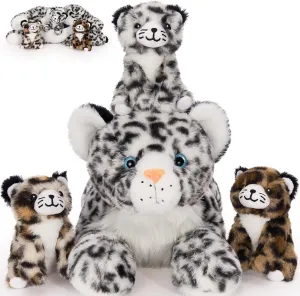 MaoGoLan Snow Leopard Stuffed Animals with Babies,4 Pcs Leopard Plushies for Girls,Mama and Baby Cheetah Stuffed Animal,Cheetah Plushies with 3 Cubs for Kids,Christmas Birthday Gift