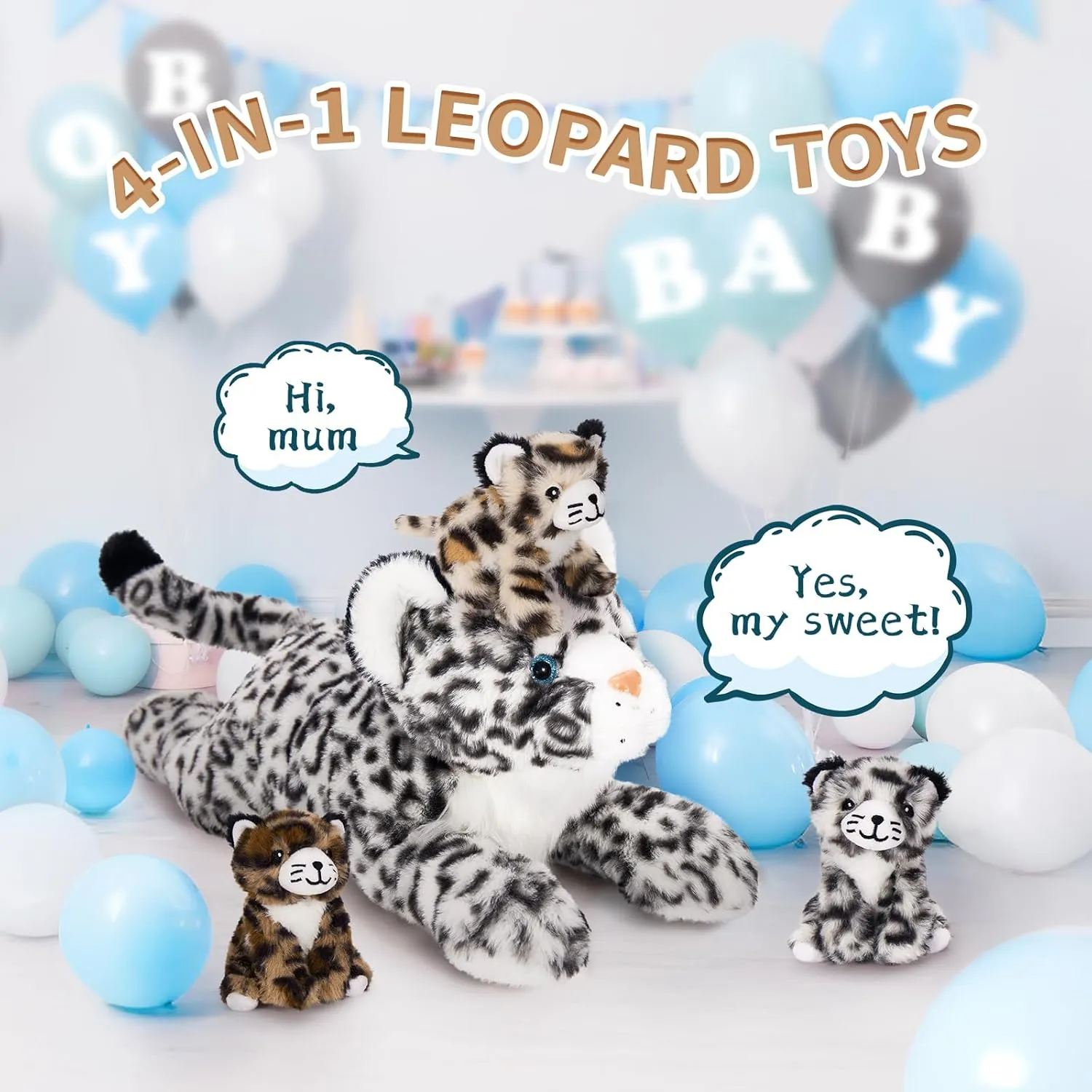 MaoGoLan Snow Leopard Stuffed Animals with Babies,4 Pcs Leopard Plushies for Girls,Mama and Baby Cheetah Stuffed Animal,Cheetah Plushies with 3 Cubs for Kids,Christmas Birthday Gift