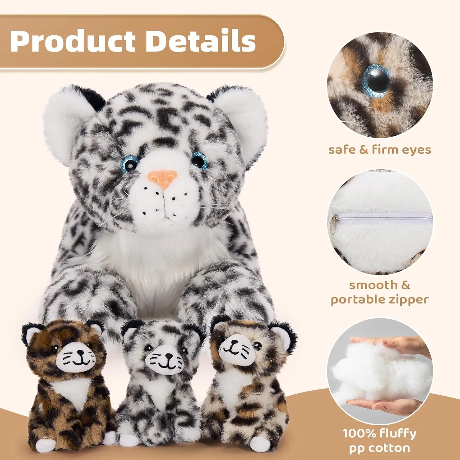 MaoGoLan Snow Leopard Stuffed Animals with Babies,4 Pcs Leopard Plushies for Girls,Mama and Baby Cheetah Stuffed Animal,Cheetah Plushies with 3 Cubs for Kids,Christmas Birthday Gift