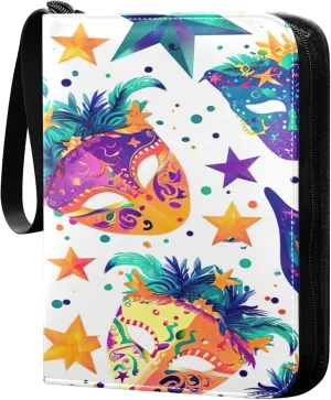 Mardi Gras Masks Pattern Card Binder 4 Pocket Collectible Trading Card Albums with 50 Sleeves Double Side PU Waterproof 3 Ring for Sports & Game Cards