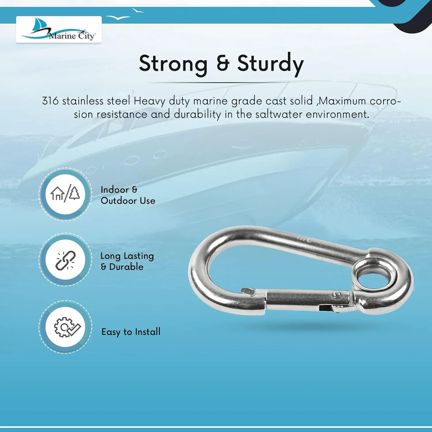 MARINE CITY Clip Snap Hook with Ring, 316 Grade Stainless Steel, Rust-Free, Ideal for Boating, Climbing, Camping, and Outdoor Activities