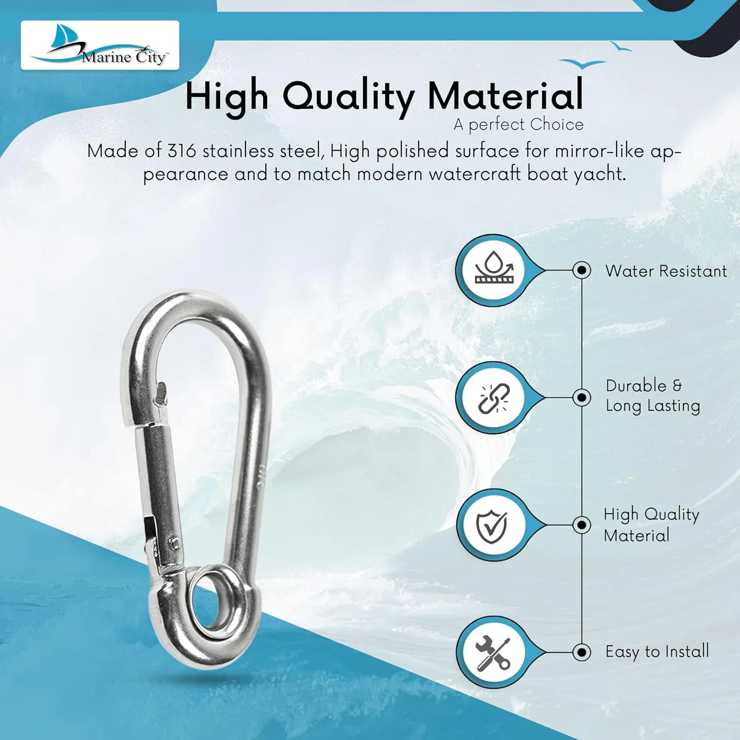MARINE CITY Clip Snap Hook with Ring, 316 Grade Stainless Steel, Rust-Free, Ideal for Boating, Climbing, Camping, and Outdoor Activities