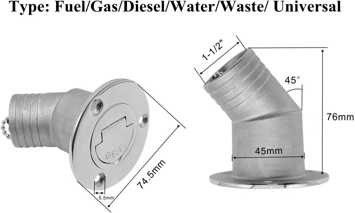 Marine Deck Filler/ Fill Keyless Cap， 316 Stainless Steel Elbow Boat Accessories Yacht Hardware (Type: Gas, 38mm/1.5inch)