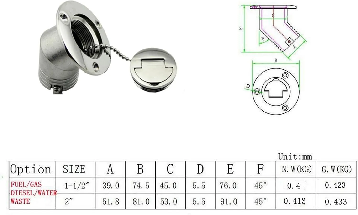 Marine Deck Filler/ Fill Keyless Cap， 316 Stainless Steel Elbow Boat Accessories Yacht Hardware (Type: Gas, 38mm/1.5inch)