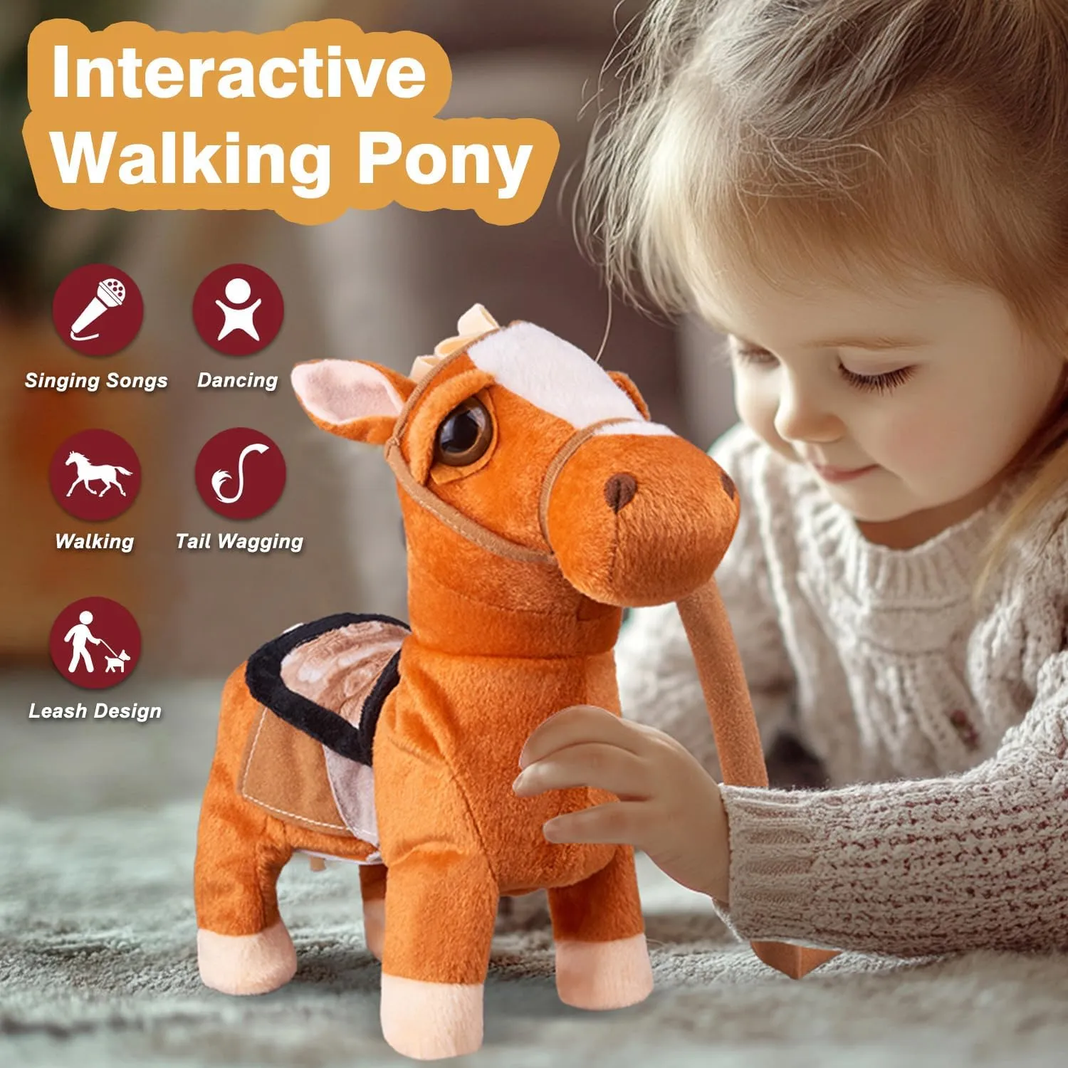 Marsjoy Walking Pony Toy Musical Singing Dancing Plush Interactive Pony Walk Along Horse with Leash Plush Stuffed Animal Shaking Head Buttocks Toy for Boy & Girl Kid Ages 3  H: 11.81"