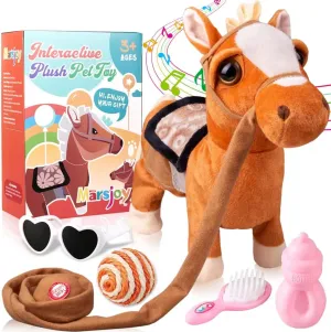 Marsjoy Walking Pony Toy Musical Singing Dancing Plush Interactive Pony Walk Along Horse with Leash Plush Stuffed Animal Shaking Head Buttocks Toy for Boy & Girl Kid Ages 3  H: 11.81"