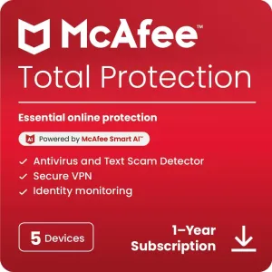 McAfee Total Protection 5-Device 2025 | Security Software Includes Antivirus, Secure VPN, Password Manager, Identity Monitoring | 1-Year Subscription with Auto-Renewal [Online Code]
