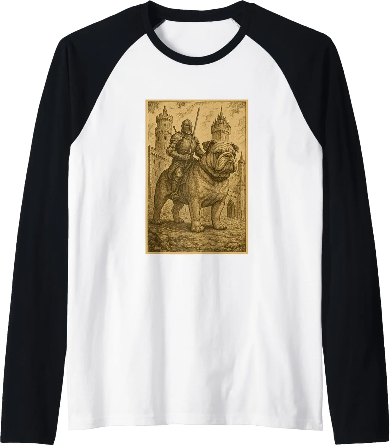 Medieval Knight Riding Bulldog Dog Fantasy Art Surreal Rider Raglan Baseball Tee