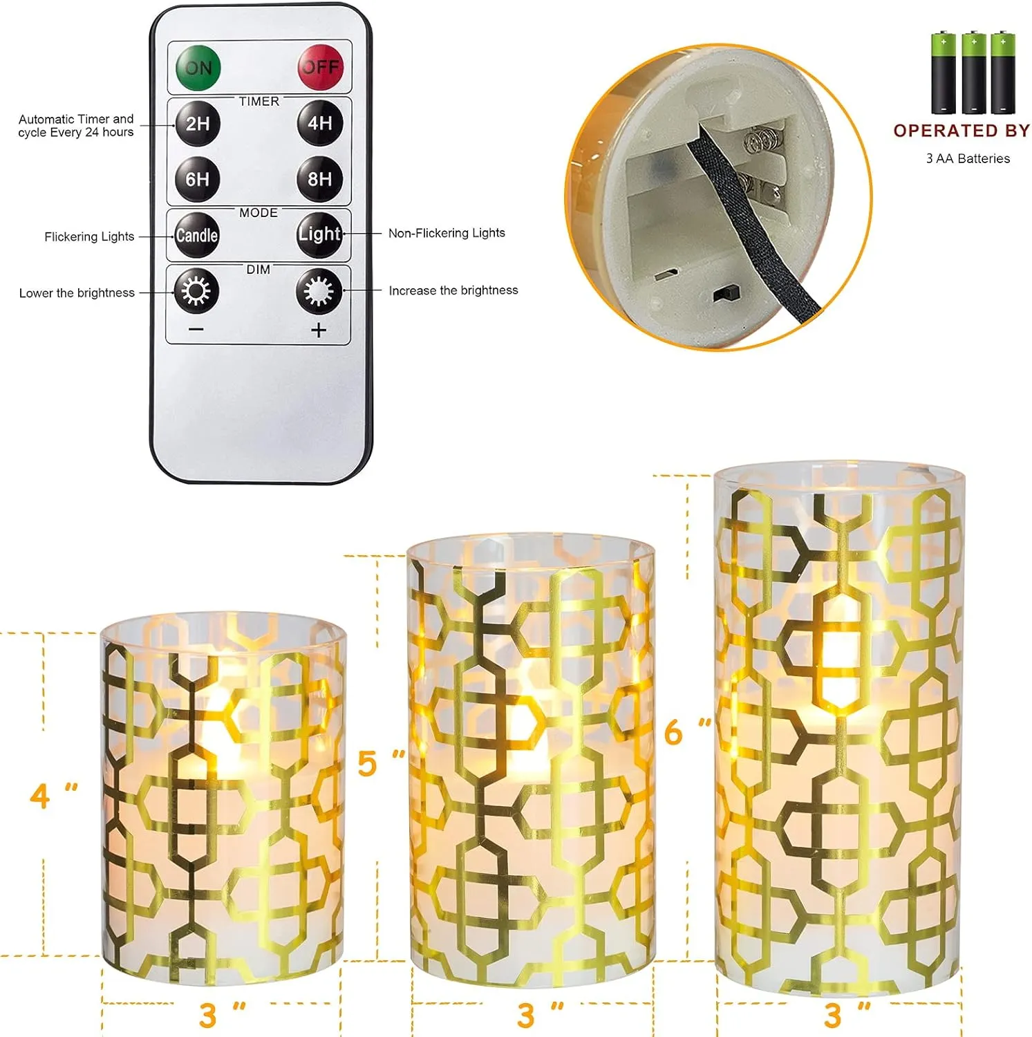MELTONE Holiday Flameless Candles Flickering Real Wax Modern Style Gold Foil Graphical LED Candles with Remote - Home Room Bedroom Party Xmas Christmas Decor - Set of 3