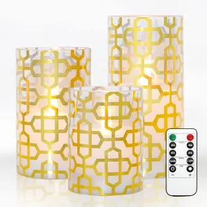 MELTONE Holiday Flameless Candles Flickering Real Wax Modern Style Gold Foil Graphical LED Candles with Remote - Home Room Bedroom Party Xmas Christmas Decor - Set of 3