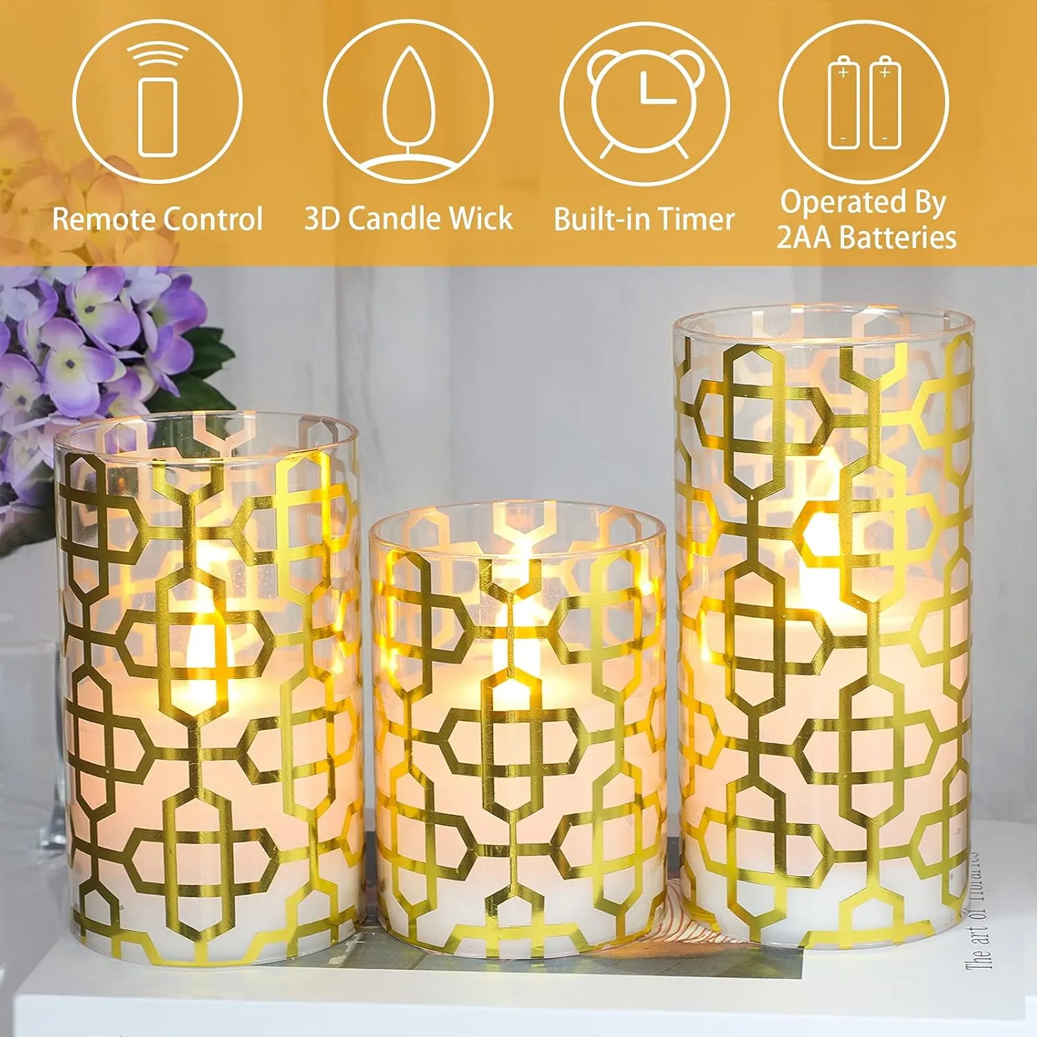MELTONE Holiday Flameless Candles Flickering Real Wax Modern Style Gold Foil Graphical LED Candles with Remote - Home Room Bedroom Party Xmas Christmas Decor - Set of 3