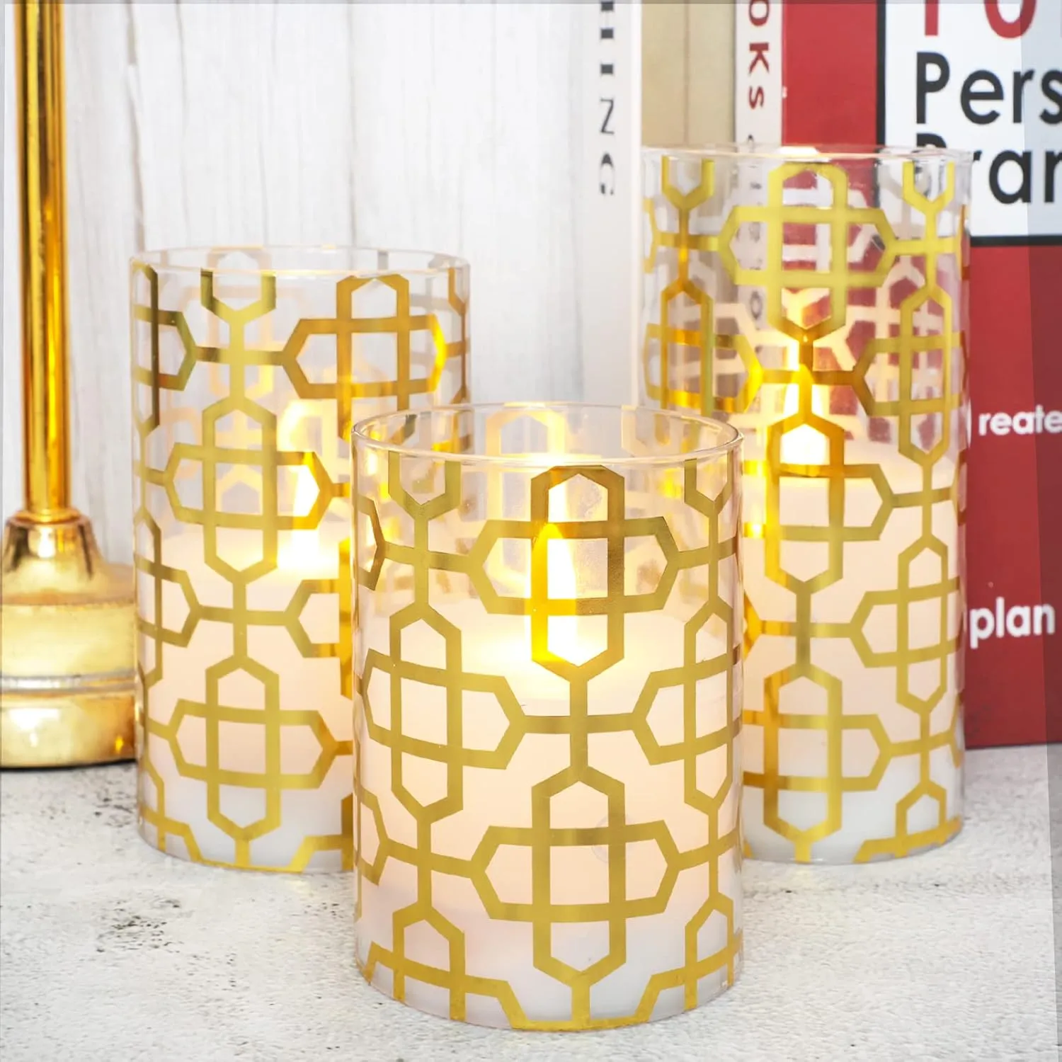 MELTONE Holiday Flameless Candles Flickering Real Wax Modern Style Gold Foil Graphical LED Candles with Remote - Home Room Bedroom Party Xmas Christmas Decor - Set of 3