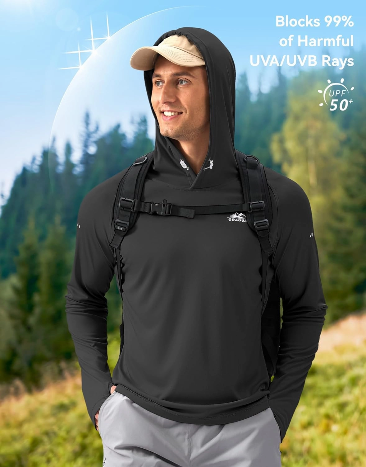 Men's Sun Protection Hoodie Shirt UPF 50  Long Sleeve Fishing Rash Guard UV SPF Summer Lightweight Hiking Shirt for Men