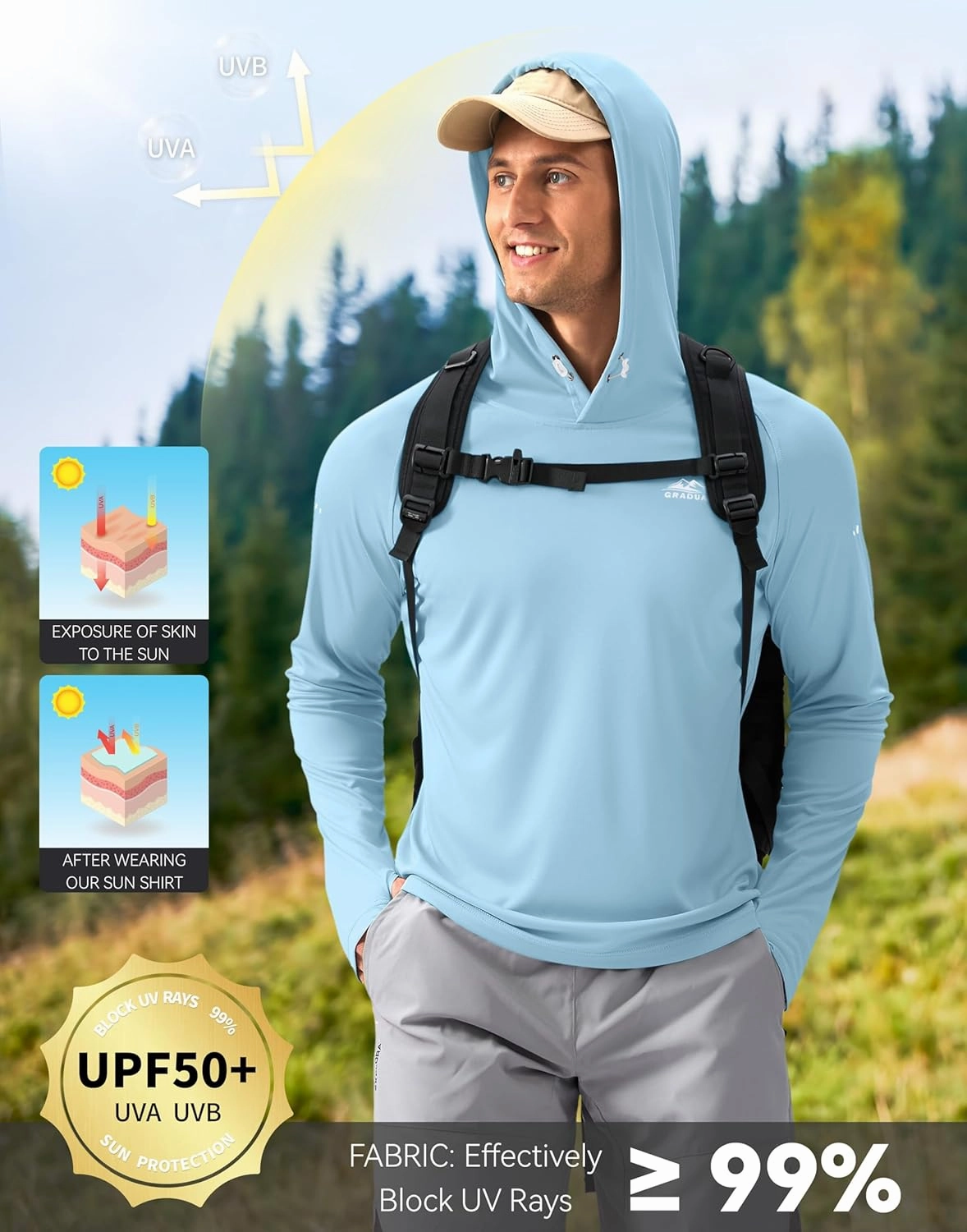 Men's Sun Protection Hoodie Shirt UPF 50  Long Sleeve Fishing Rash Guard UV SPF Summer Lightweight Hiking Shirt for Men