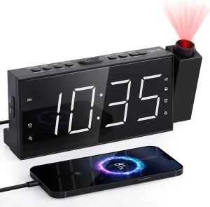 Mesqool Projection Alarm Clock with FM Radio,Large Number Display & Dimmer,USB Charger,Sleep Timer,Battery Backup,Dual Alarms,Clock Radio for Bedroom Heavy Sleepers