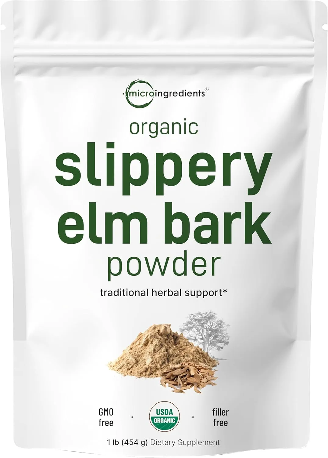 Micro Ingredients Sustainably US Grown, Organic Slippery Elm Bark Powder, 1 Pound (648 Servings), Helps Soothe The Throat and Coughing, No Irradiated, No Contaminated, No GMOs, Pet Friendly