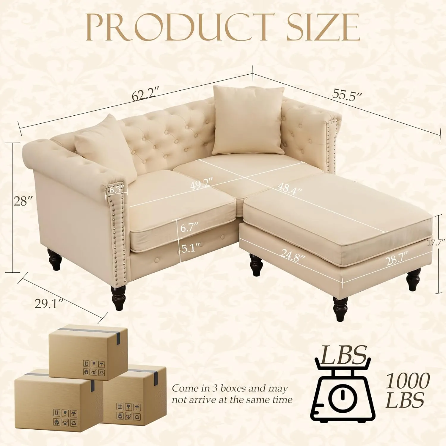 Mid-Century Modern Chesterfield Sofa with Ottoman, Linen Loveseat Classical Retro 2 Seater Couch Tufted Deep Seat Sofa Pet Friendly Sofa Victorian Couch for Living Room (Beige)