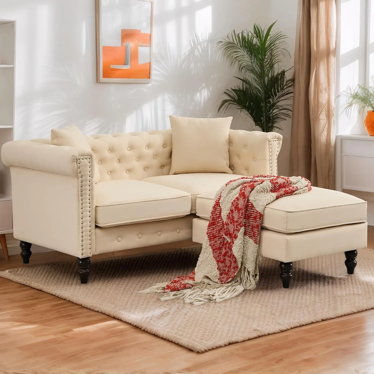 Mid-Century Modern Chesterfield Sofa with Ottoman, Linen Loveseat Classical Retro 2 Seater Couch Tufted Deep Seat Sofa Pet Friendly Sofa Victorian Couch for Living Room (Beige)