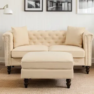 Mid-Century Modern Chesterfield Sofa with Ottoman, Linen Loveseat Classical Retro 2 Seater Couch Tufted Deep Seat Sofa Pet Friendly Sofa Victorian Couch for Living Room (Beige)