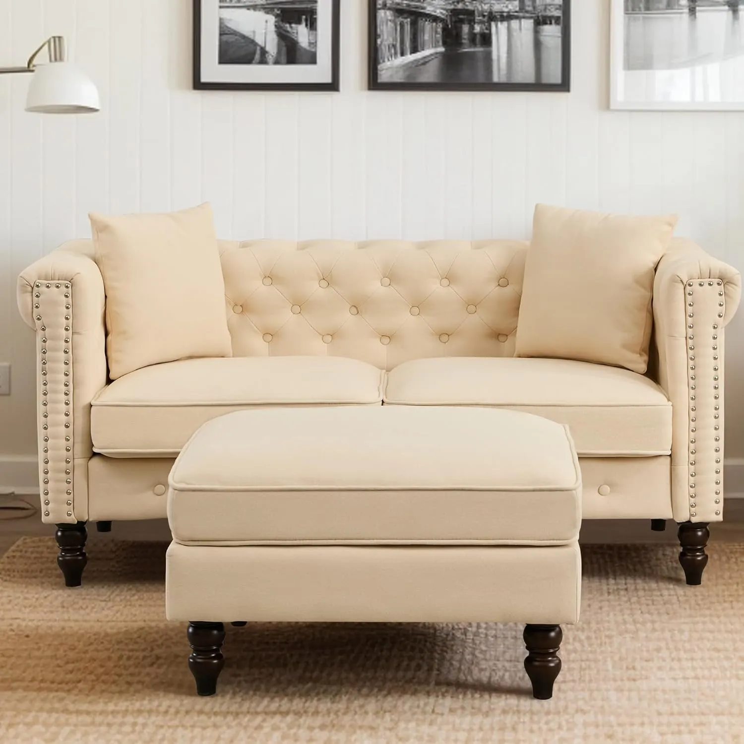 Mid-Century Modern Chesterfield Sofa with Ottoman, Linen Loveseat Classical Retro 2 Seater Couch Tufted Deep Seat Sofa Pet Friendly Sofa Victorian Couch for Living Room (Beige)