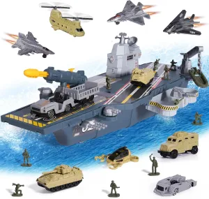 Military Aircraft Carrier Toys, Army Toys with 10 Vehicles, Fighter Jet Battleship Helicopter Tanks and Army Men Action Figures Toy for Kids Boys Girls