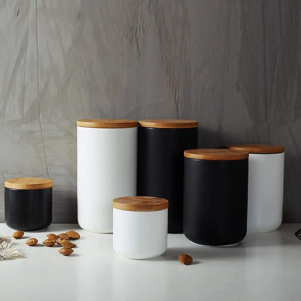 MilkyWay Food Storage Jar Strong Ceramic Storage Canisters with Airtight Seal Bamboo Lid Modern Design Seal Damp-Proof Kitchen Jar for Coffee, Tea, Spice and More (White(M: 27oz/800ml))