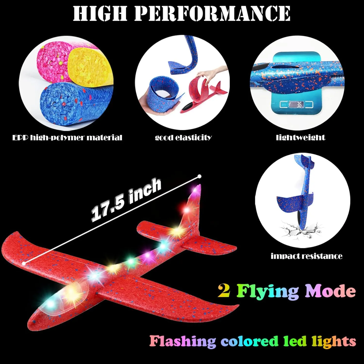 MIMIDOU 4 Pack Flashing Glider Plane, Illuminated Colored led Lights can Play at Night, Foam Airplane Have 2 Flight Mode, The Best Airplane Toys Gift.