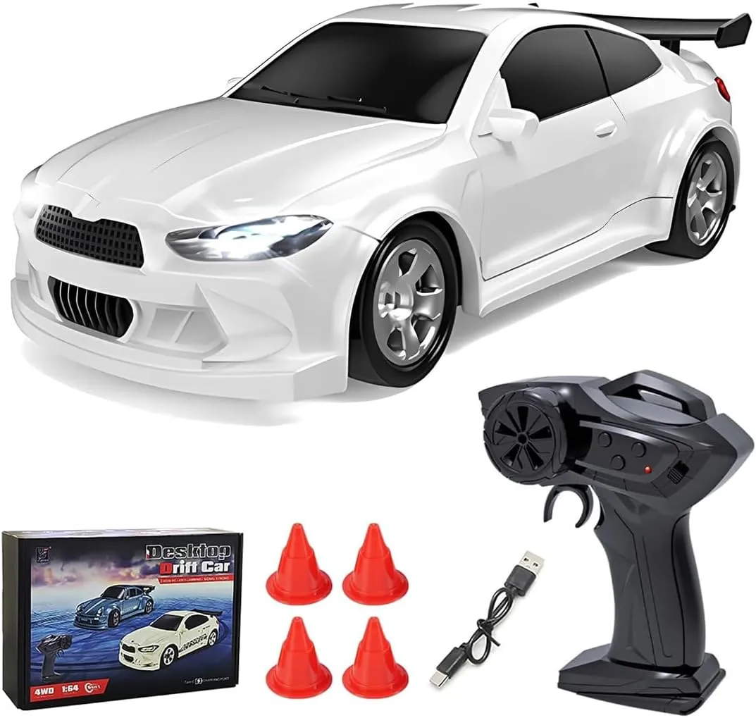 Mini RC Drift Car, Desktop 1:64 Scale 15 Km/h 4WD 2.4Ghz Remote Control RC Racing Drift Sports Car with LED Lights Hobby Gift for Adults Enthusiasts