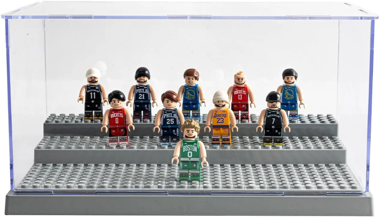 Minifigure Display Case for Action Figures Blocks, Dustproof Acrylic Display Box Storage with 3 Movable Steps for Collection Models Minifigures, Bricks Blocks Toys