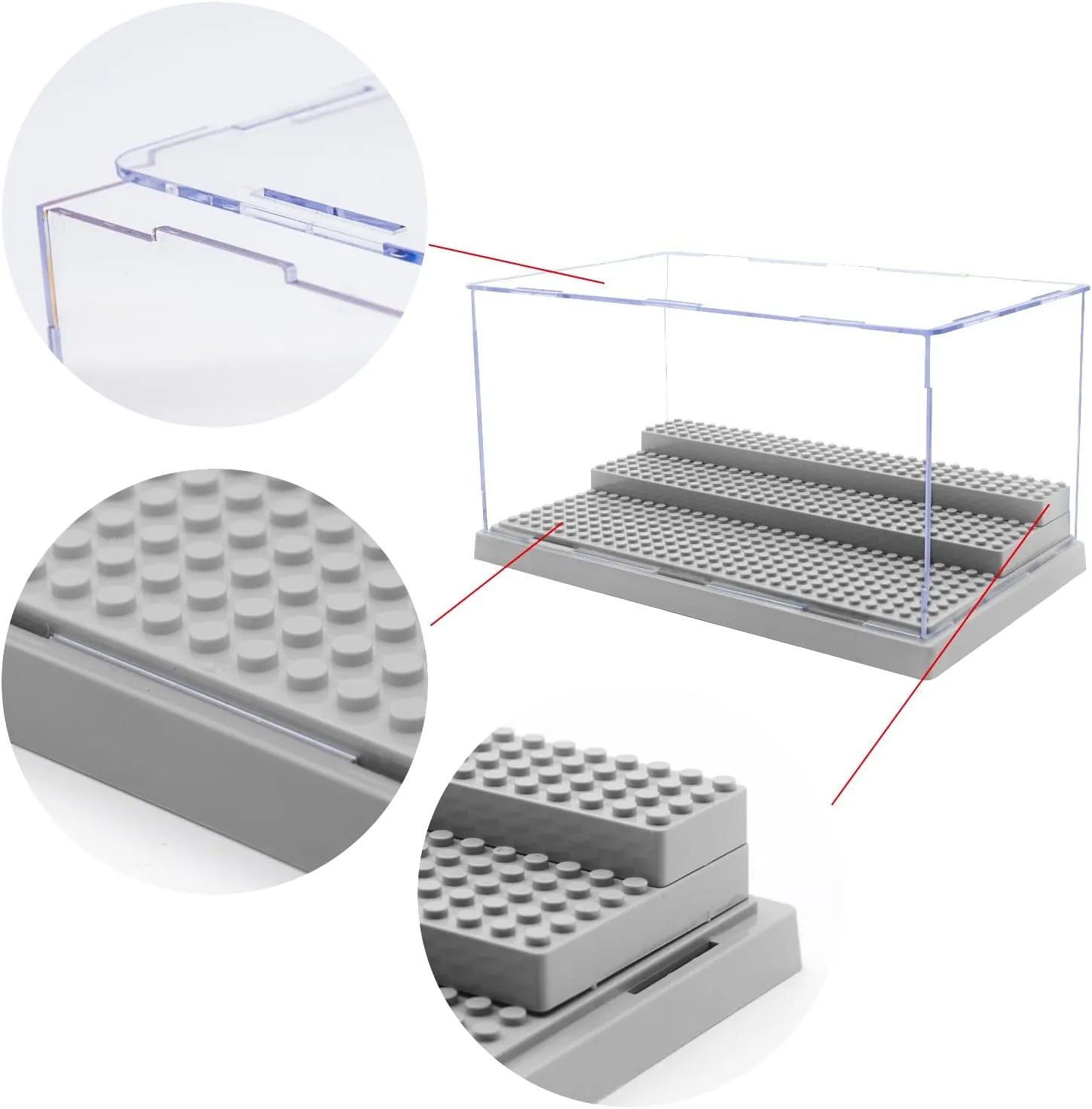 Minifigure Display Case for Action Figures Blocks, Dustproof Acrylic Display Box Storage with 3 Movable Steps for Collection Models Minifigures, Bricks Blocks Toys